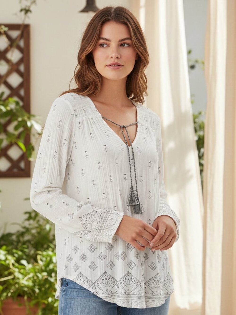 Lucky Brand M Top White Drawstring Tassel Cottage Boho Peasant Fairy Indie 70s